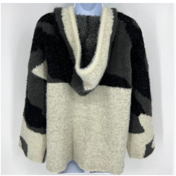Pol Oversized Fuzzy Hooded Half Zip Sweater Black Cream Abstract Size Small - Picture 2 of 9
